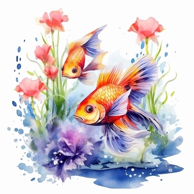 clipart, isolated on white background, Watercolor Spring pond with swimming colorful fish underwater, flowers, ornated, vivid and vibrant and saturated colors