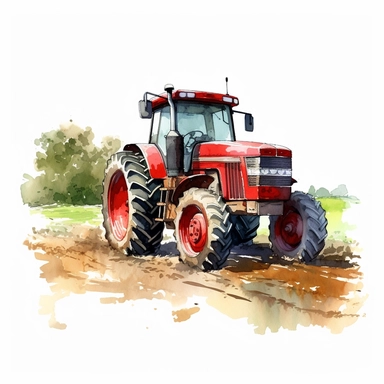 detailed watercolor red tractor on farmland clipart