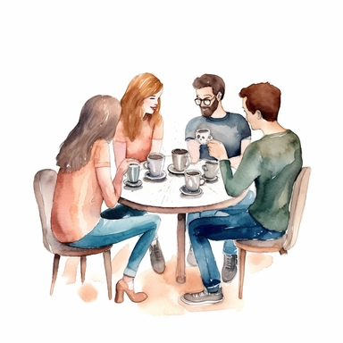 A group of friends or family members enjoying coffee together in a café or at home, watercolor pastel clipart style on a white background