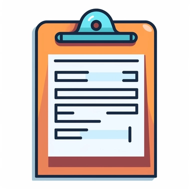 Create a flat illustrated icon featuring a blank checklist on a clipboard. Embrace a clean and minimalistic style with simple lines and solid colors. Depict a rectangular shape representing the clipboard, with a clean, empty checklist displayed on it. Use contrasting colors, such as brown for the clipboard and a brighter color for the lines of the checklist. Ensure the lines of the checklist are evenly spaced and distinct. Consider adding a clip or corner detailing to the clipboard to enhance th