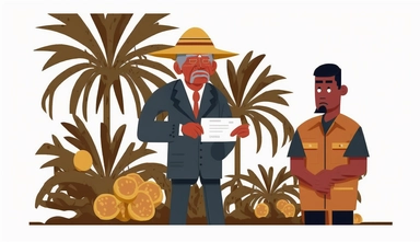 indonesian palm oil plantation worker sad face paying money to an agent , 2d clipart low detailed illustration, white background, miminalist, flat modern illustration