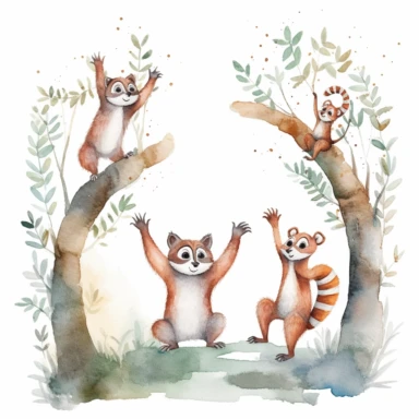 a whimsical watercolor clipart image with a white background, featuring a family of playful lemurs leaping and frolicking among tree branches, their wide eyes and bushy tails adding a touch of whimsy to the collection.