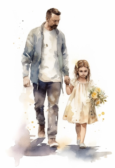 DESIGN A MAGNIFICENT AND EXQUISITE BREATHTAKING ONE-OF-A-KIND HIGH QUALITY HIGHLY DETAILED MASTERPIECE WATERCOLOR CLIPART ILLUSTRATION OF A young girl and father carrying her, in the style of realistic watercolor paintings, animated gifs, transportcore, gray, letras y figuras, 32k uhd, made of plastic, WHITE BACKGROUND, NO FONT, NO TEXT, NO WORDS, NO WATERMARK