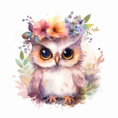 Cute baby owl, cute big eyes, colorful, floral crown, watercolor style, clipart, white background