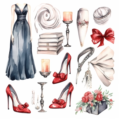 prom, school prom , watercolor white background clipart set single elements with margin