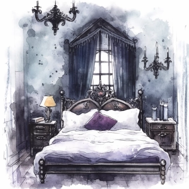 Gothic style bedroom with watercolor effect, suitable for digital clipart, white background, gothic scene, gothic colors, gothic tools, gothic roses, skull, dark scene