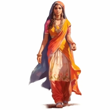 watercolor style, full body view, beautiful woman from India wearing traditional clothes, very detailed, realistic, clipart, isolated on white background, 4K