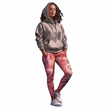watercolor style, beautiful african american woman wearing tracksuit, hoodie and sneakers, realistic, clipart, isolated on white background, 4K