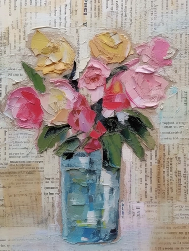 a painting of flowers in a vase on a collage of newspapers, by Ruth Hollingsworth, pinterest contest winner, impressionism, newspaper clipping, matthew stewart, pink rose, Thick coating, bible illustration, very small brushstrokes, malcolm hart, biblical art, etsy, offhand @713471@