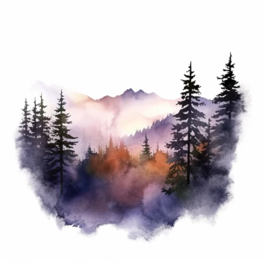 misty mountains in the distance, tall forest trees, watercolor clipart, bright colors, minimalist, isolated white background, 8k