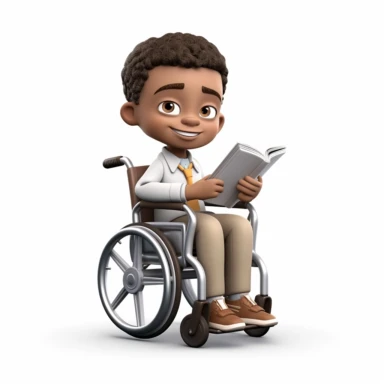 cute 3d cute little boy historian clipart, various ethnicities, in modern wheelchair, full body, on white background