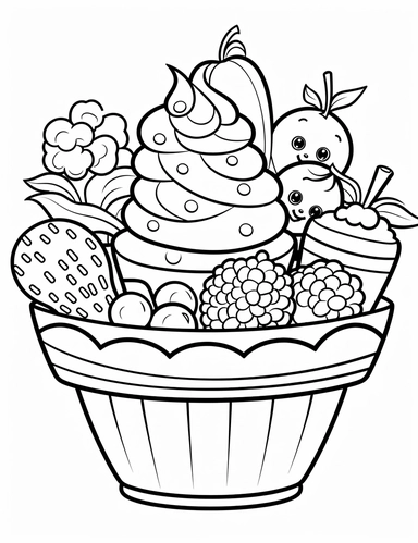 Kawaii Candy with delightful designs and flavors, like blueberry, chocolate chip, and banana For Simple Coloring page,line art, thick lines, black and white,clipart, illustration, on white background,margin Page 10px