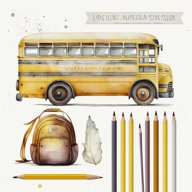 watercolor clipart set, school - bus, bag, big pencil, ruler, only white background