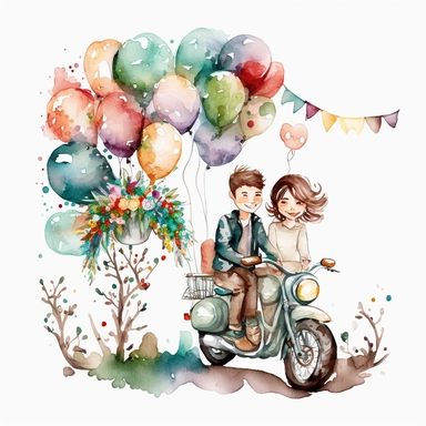 Watercolor ,young couple on a motorbike smiling, long veil, husband and wife hugging on a white background, separate elements with a margin, motorbike, cute wedding illustrations clipart set, ILLUSTRATIONS FOR THE BOOK, cartoon elements, wedding, Love , Hearts balloons , garland, wooden elements, sit on a bench, white transparent background separate elements with a margin ,