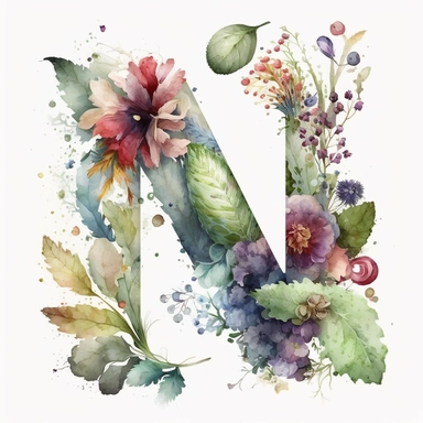Watercolor botanical flower letter N, clipart, colorful, white background