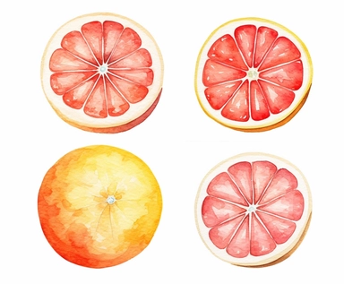 watercolor four Grapefruit fruits clipart, flat style, no volume, few details, washed out, minimalistic style, very lose details, very light colors, transparent colors, light airy hues and pastel tones, spaced out, white background, washed out colors and paint, hand-painted watercolor, watercolor spray, watercolor splash, splatters and paint smudges on top of each Grapefruit, watercolor paper with visible rough paper texture, a variety of watercolor brushes, do not cross workspace borders, rough