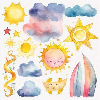 watercolor clipart graphics, weather theme, clouds, sun, rain, moon, wind, snow, lightning, sun, rainbow isolated elements, cohesive sticker set