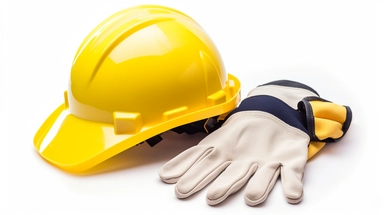 close up on a yellow hard hat and safety gloves isolated on white background with clipping path cutout