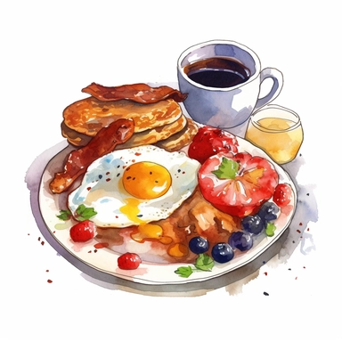 big breakfast clip art, high quality, watercolour, hand drawn, super realisitc, very sharp and in focus, white background, breakfast on a plate