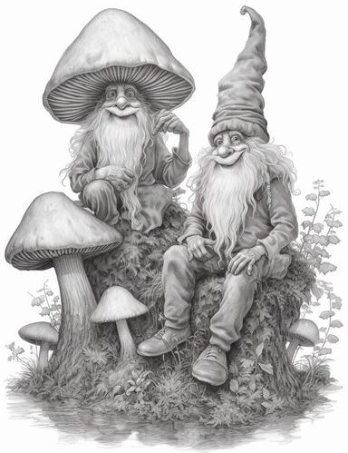 light gray and bubbles, two humanoid gnomes are sitting on a huge mushroom, highly detailed clipart, hdr, 32K, photo expert quality, greatest for coloring realistic, hyperrealistic and highly detailed, coloring book pages, isolated on a white background