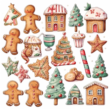 christmas theme clip art, white background, vibrant colours, watercolour, gingerbread cookies