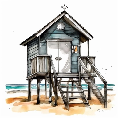 watercolour beach hut clipart illustration, on an isolated clean white background, with black ink outline and black border, cut out