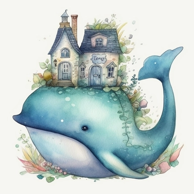 a cute Fairy Whale with House watercolor Clipart sublimation clipart graphic, full body, clipart, sticker, a single picture, cartoon style, highly detailed, 8k, one image in the frame--no text in the picture--