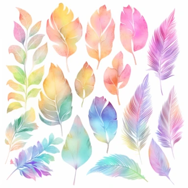 soft colorful neon pastel colored big leaves and flowers clipart set, colorful fairy pastel colors watercolor style, plain white background, use of fabric, intricate depth of shading in soft watercolor style, watercolor--v 4