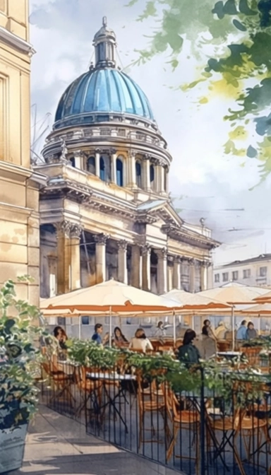 watercolor clipart Kazan Cathedral in St. Petersburg, white umbrellas with blue fringe, people on the terrace, food on the tables, wrought black iron chairs on the terrace, lemon trees on the terrace, vases and pots on the terrace