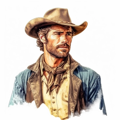 beautiful stunning handsome vintage cowboy man, tarot style, paint art style, clipart, white background, superrealistic, one of a kind