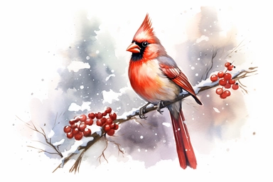 beautiful cardinal bird, snowy Christmas scene, watercolor clipart