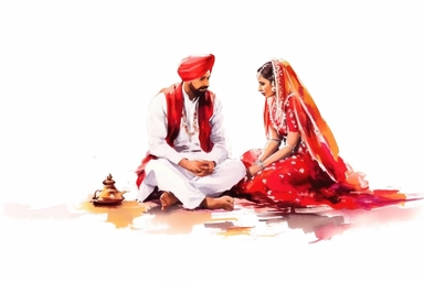 Watercolor punjabi groom and bride in white and red big dress sitting on the ground and praying during wedding ceremony clipart illustration on white background