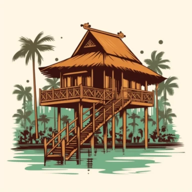 brilliant Asian traditional khmer wood stilt house , vintage, logo, clean, solid color, , clip art style, vector style