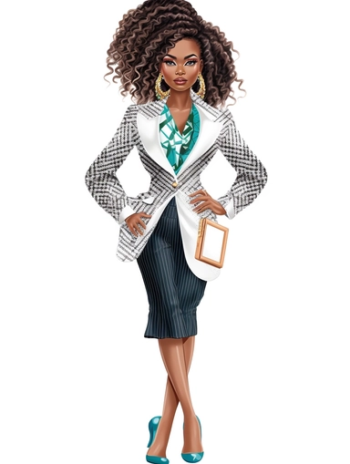 standing , head to toe, digital doll , gorgeous african american woman voluminous curly goddess braided hair wearing vibrant color couture suit inspired by Michael Kors, modern style, fashionable, white background, sticker, clipart