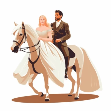 bride and groom on horseback clipart, white background