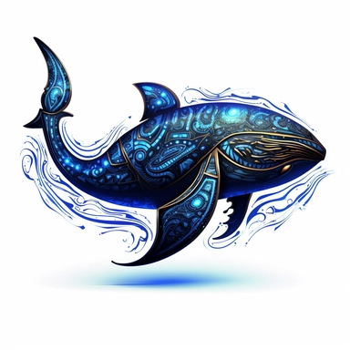 a glowing tribal blue whale with blue lights on his eyes, tribal animals, in the style of bold black outlines, manhwa character design, master of shadows, burned/charred, himalayan art, dark black and light azure, 2d game art, quadratura, clipart, on white blackground