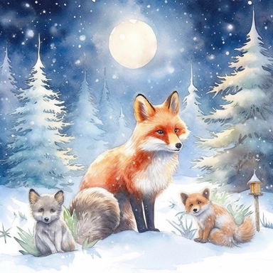 cosy Christmas Eve, snowy forest, forest animals celebrating Christmas, calm, bright stars, ornamental watercolor, clipart, I can't believe how beautiful this is