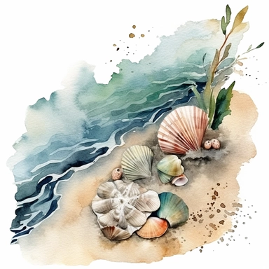 Create a captivating watercolor clipart illustration capturing the moodiness of the sea and beach, Picture a rugged coastline with crashing waves and dramatic clouds, Scatter beautifully rendered seashells along the shore, showcasing their intricate textures and muted colors, Use a dark and rich color palette to evoke a sense of mystery and depth, The artwork should be high-definition, with a spacious composition and a 3:2 aspect ratio, Present the final illustration on a white background, ensur