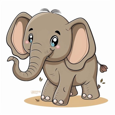 ,a cute Walking elephant with one foot lifted off the ground and trunk pointed forward ,cartoon, clipart, white clear background