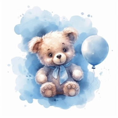 adorable clipart of a cute baby teddy bear between paper clouds, light blue, nursery art style, watercolor, high details