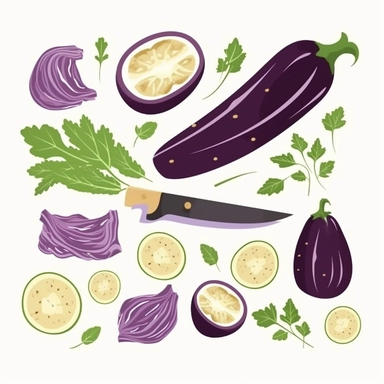 Vector painterly set with whole eggplant, sliced and chopped. editable, scalable illustration, isolated on a white background, Use it for recipes, restaurant menus and as food elements, 2d, vector art, isolated, shutterstock, clipart, game asset, white background in the style of good pizza great pizza game