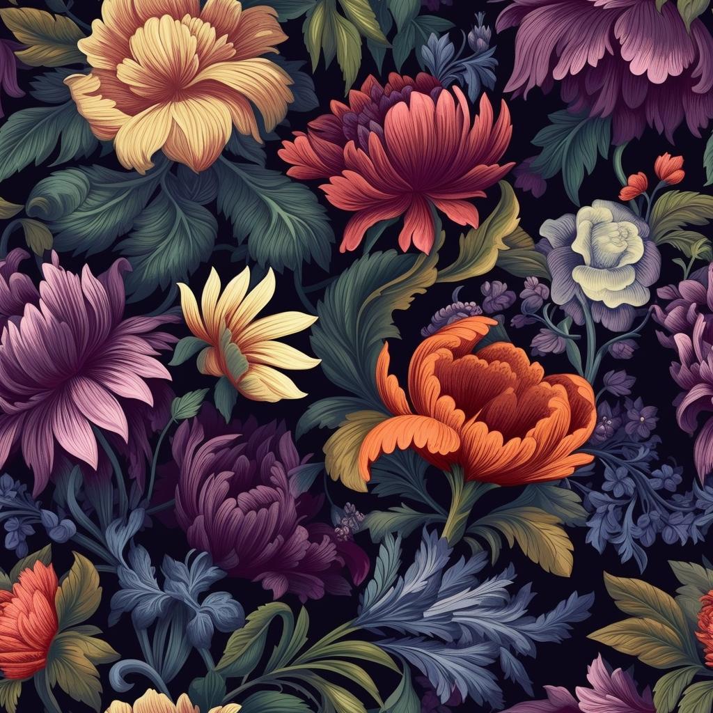 please create a seamless, vintage floral pattern, variety of flowers in ...