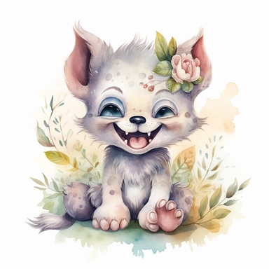 watercolor painting of a smiling baby werewolf, soft colors, with cute big eyes, happy smiling face, cute animal, adorable, playful atitude, adorable watercolor animal clipart with a few plant and flowers decor, no background, high quality very sharp with clear focus