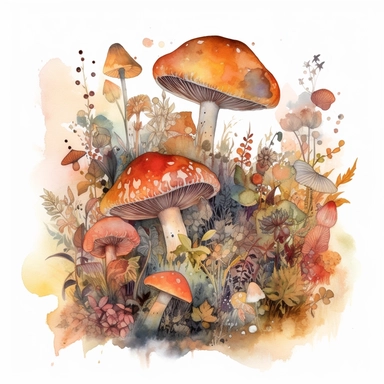 In this watercolor illustration, a mystical mushroom takes center stage, painted with vibrant hues and surrounded by delicate flowers and lush plants. The clipart design captures a magical scene, where fairies flit about in the air, their ethereal forms highlighted against a watercolor backdrop. The white background provides a stark contrast to the dominant autumn orange and browns color scheme, enhancing the enchanting atmosphere of the artwork. The intricate details of the flora and the playfu