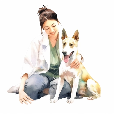 young happy veterinary nurse smiling wile playing with a dog cartoon watercolor clipart in white background Hyper watercolor beautiful cute bull terrier, hyper detailed, hyper quality, 16K, unreal engine, isolated on white background,