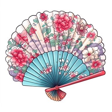 A cute one Japanese Folding Fan, decorate with japanese motifs, watercolor Sublimation graphics, hand drawn illustration by katie daisy, Watercolor clipart, single design, single object, print on demand image, PNG transparent background, white background for removing background - - no text shadow font watermark, 8k