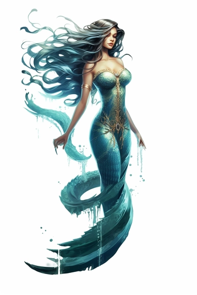 Beautiful coloured mermaid woman full body, fish tail, swimming, black hair, paint art style, clipart, white background, superrealistic,