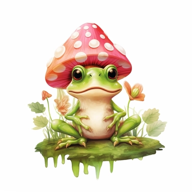 single clipart image png graphic frog cartoon, mushrooms cartoon, flower cartoon, pastel soft colors , png, white background