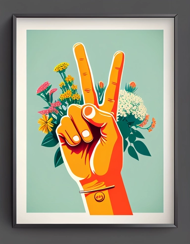 a hand showing a peace sign, framed with flowers, 70s inspired flat color clip art, retro,