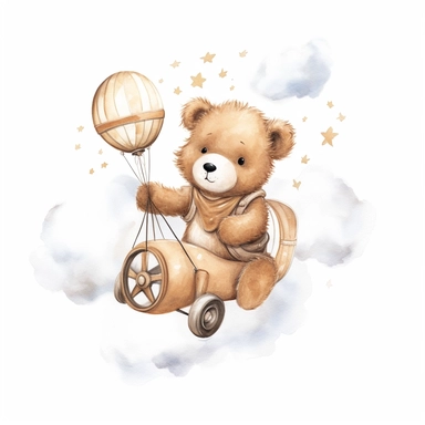 Boho teddy bear clipart for a nursery, light brown tone for a boy, flying past a cloud, solid white background